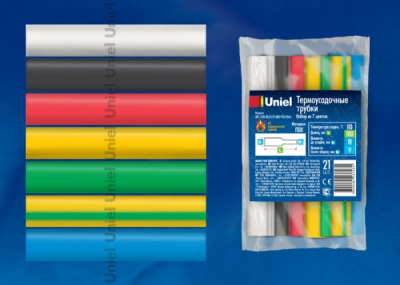 UIS-C010 18/09/21 MIX POLYBAG Термоусадочные трубки Uniel, диаметр до усадки 18мм, после усадки 9мм, длина 10 см, цвет — микс 7 цветов, 21 шт/пакет