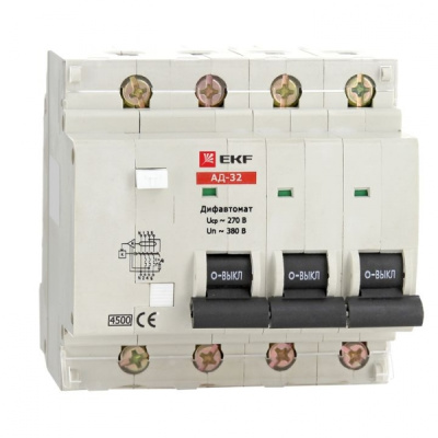 Дифференциальный автомат АД-32 4P 50А/100мА (характеристика C, тип AC) 4,5кА EKF